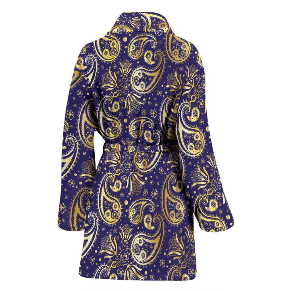 Paisley Blue Yellow Design Print Women Bath Robe-JTAMIGO.COM