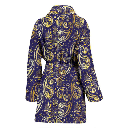 Paisley Blue Yellow Design Print Women Bath Robe-JTAMIGO.COM