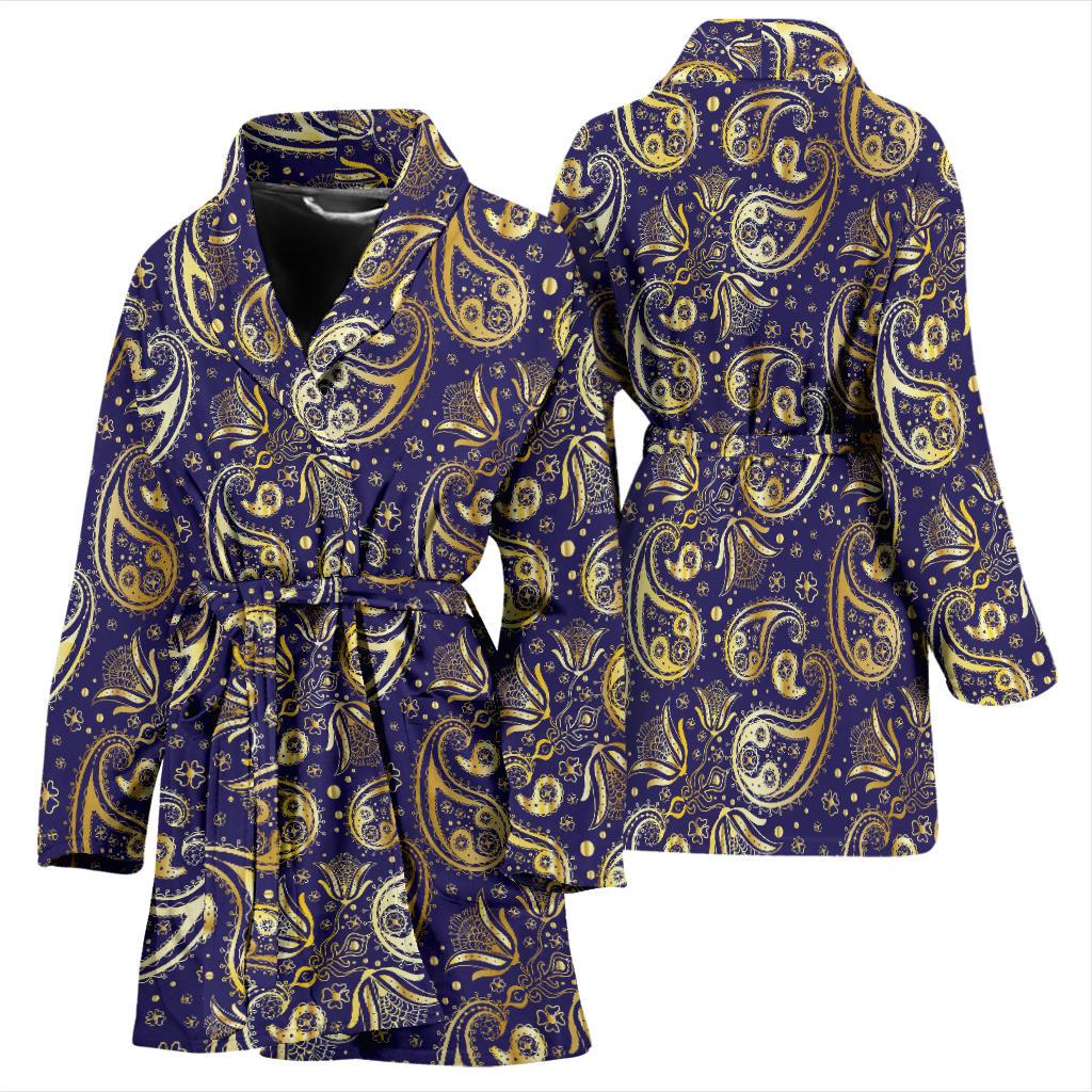 Paisley Blue Yellow Design Print Women Bath Robe-JTAMIGO.COM