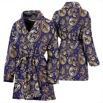 Paisley Blue Yellow Design Print Women Bath Robe-JTAMIGO.COM