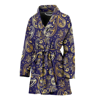 Paisley Blue Yellow Design Print Women Bath Robe-JTAMIGO.COM