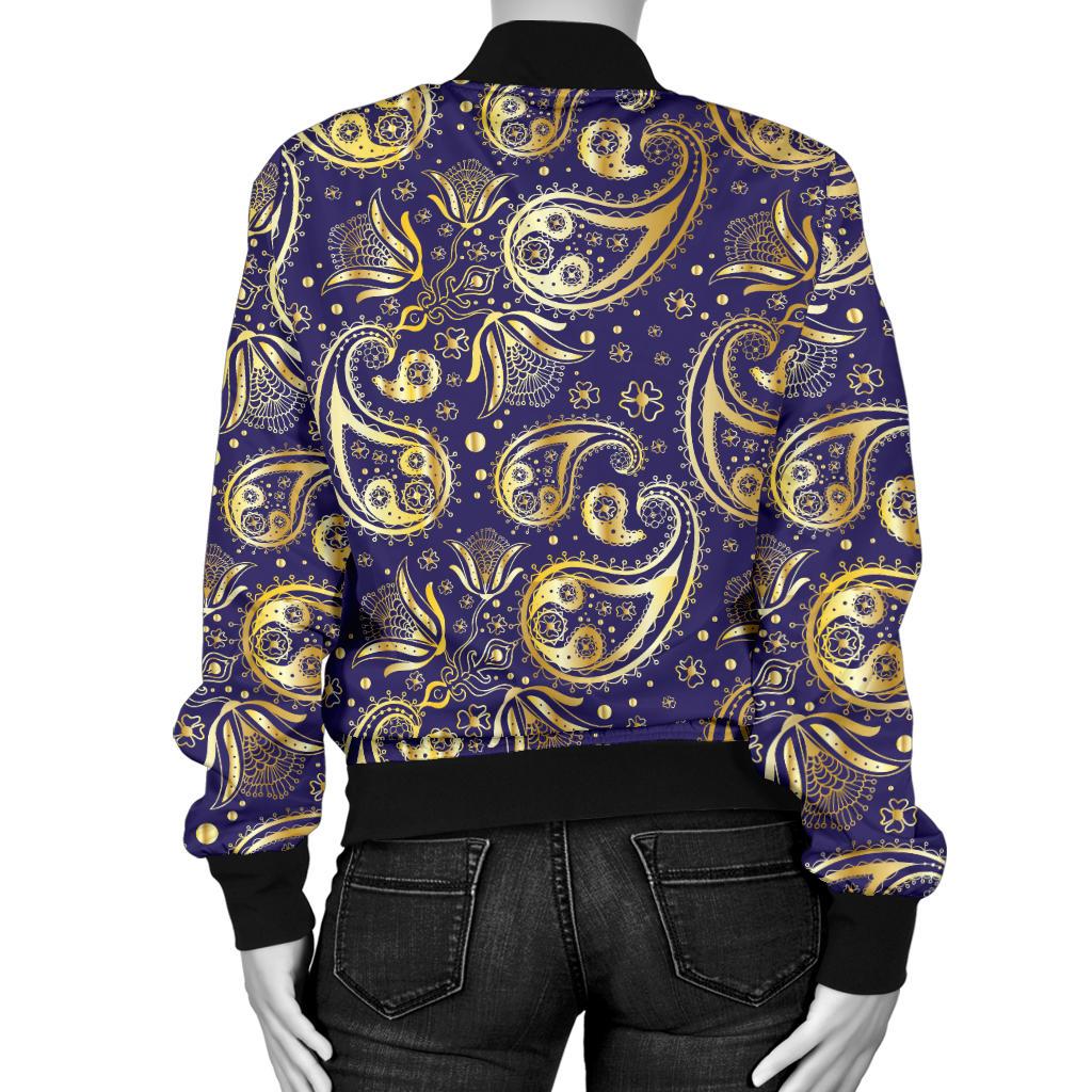 Paisley Blue Yellow Design Print Women Casual Bomber Jacket