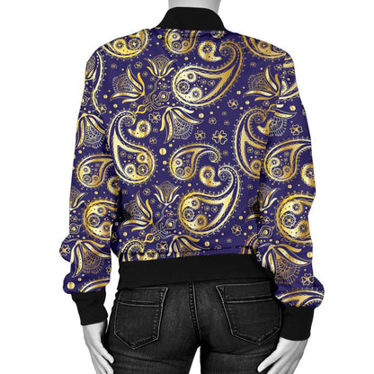 Paisley Blue Yellow Design Print Women Casual Bomber Jacket