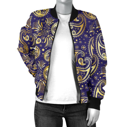 Paisley Blue Yellow Design Print Women Casual Bomber Jacket