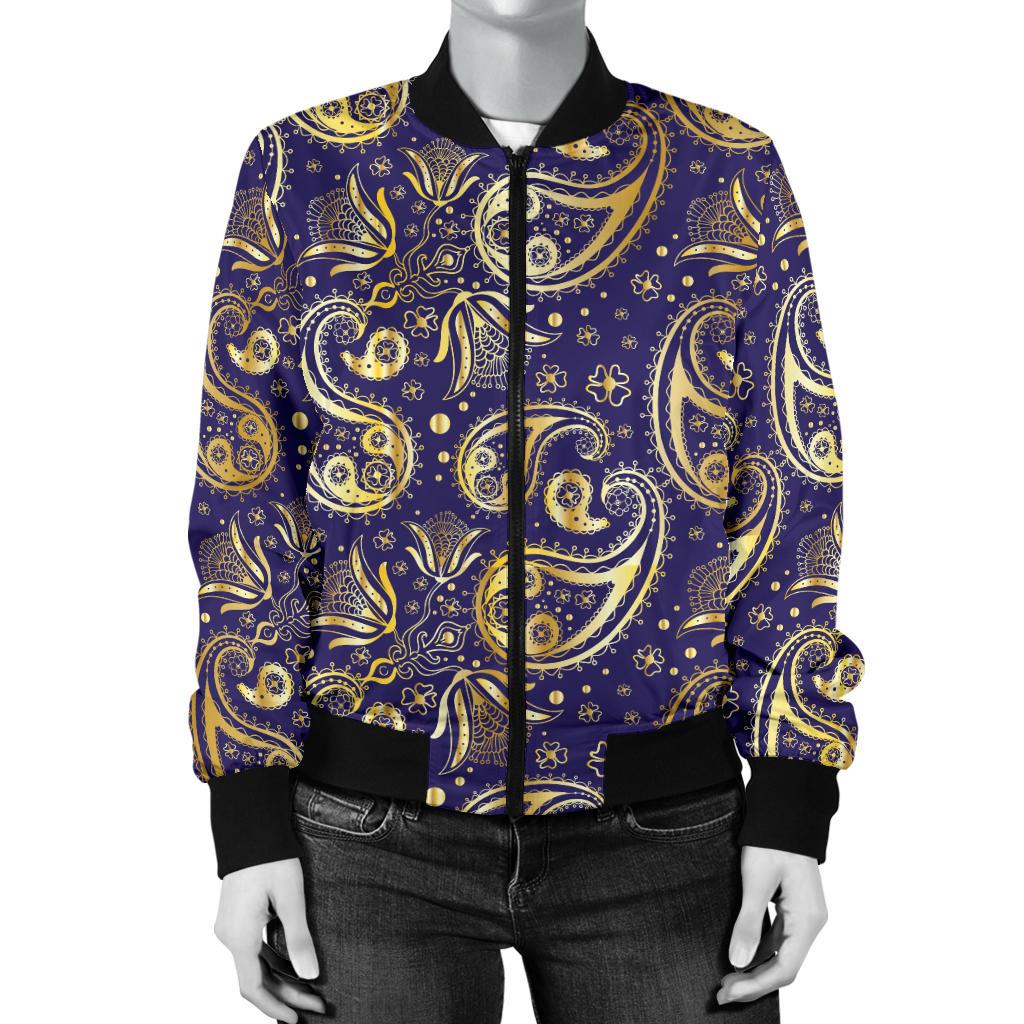 Paisley Blue Yellow Design Print Women Casual Bomber Jacket