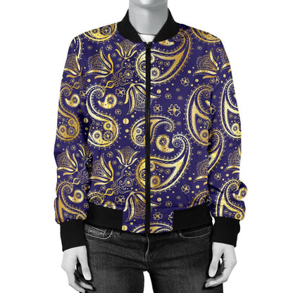 Paisley Blue Yellow Design Print Women Casual Bomber Jacket