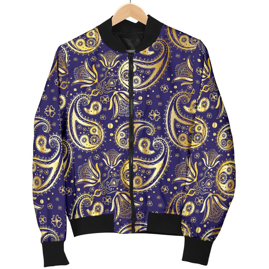 Paisley Blue Yellow Design Print Women Casual Bomber Jacket