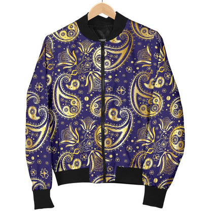 Paisley Blue Yellow Design Print Women Casual Bomber Jacket