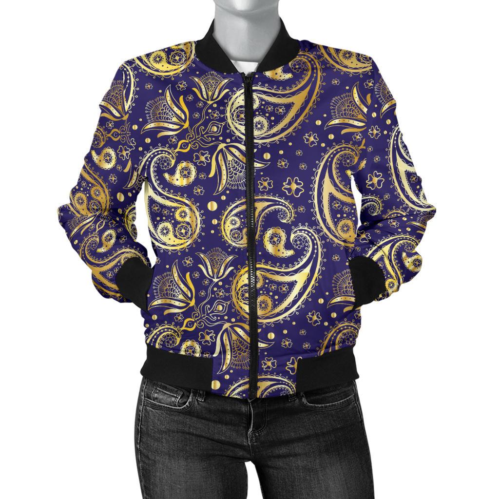 Paisley Blue Yellow Design Print Women Casual Bomber Jacket