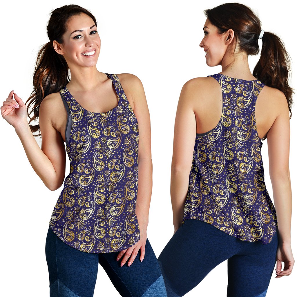 Paisley Blue Yellow Design Print Women Racerback Tank Top