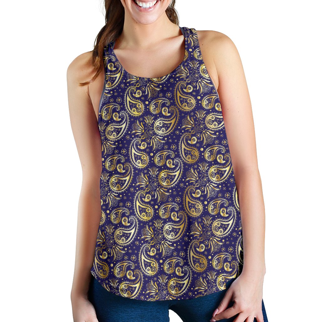 Paisley Blue Yellow Design Print Women Racerback Tank Top