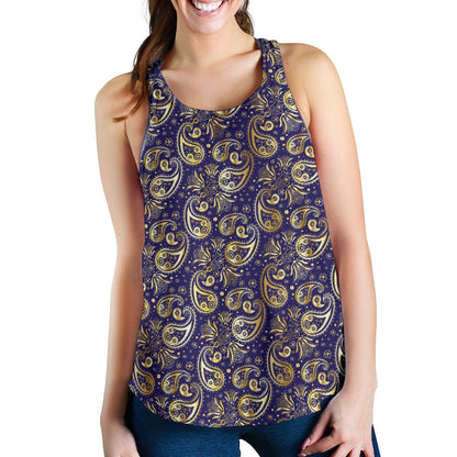 Paisley Blue Yellow Design Print Women Racerback Tank Top