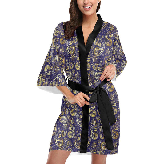 Paisley Blue Yellow Design Print Women Short Kimono Robe