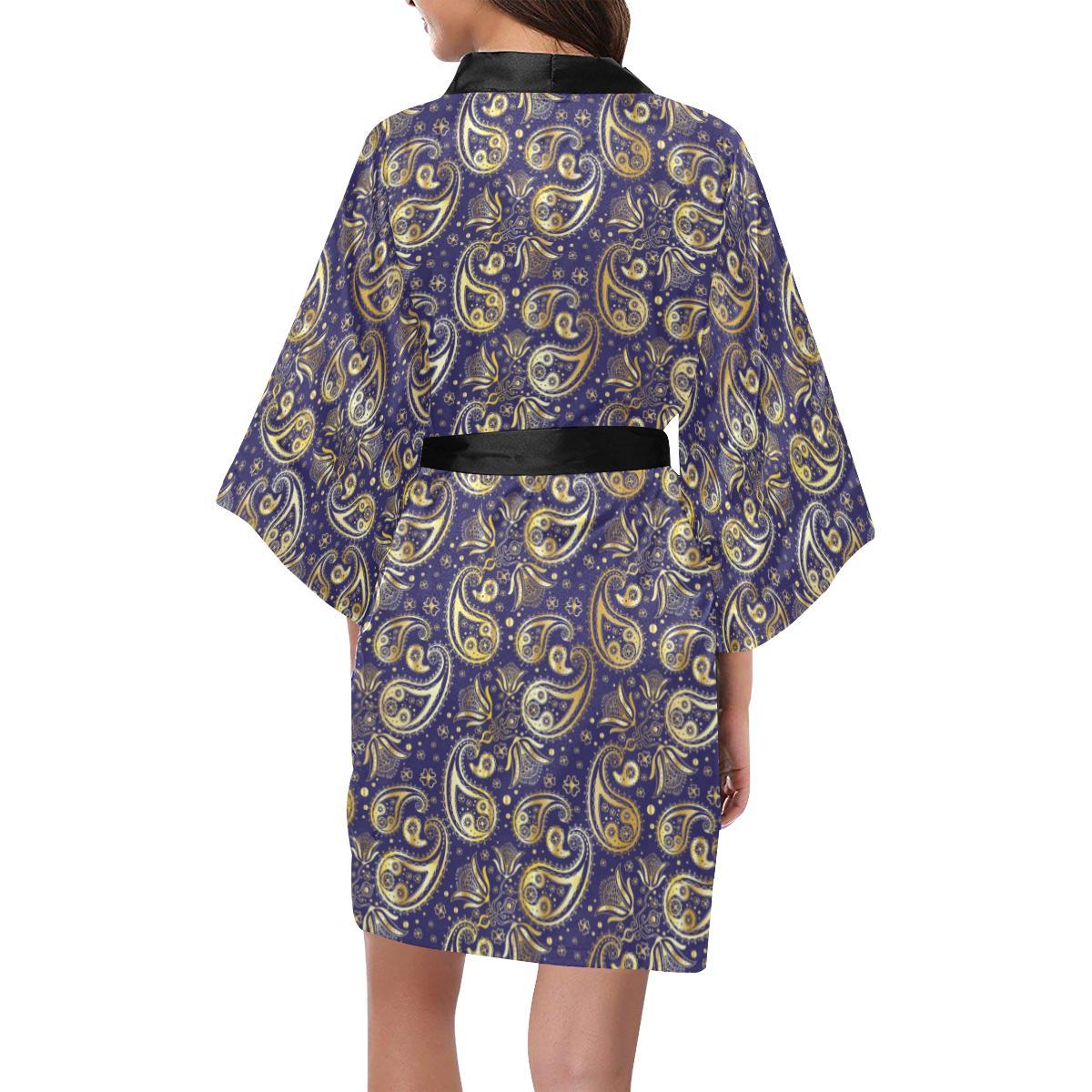 Paisley Blue Yellow Design Print Women Short Kimono Robe