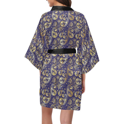 Paisley Blue Yellow Design Print Women Short Kimono Robe
