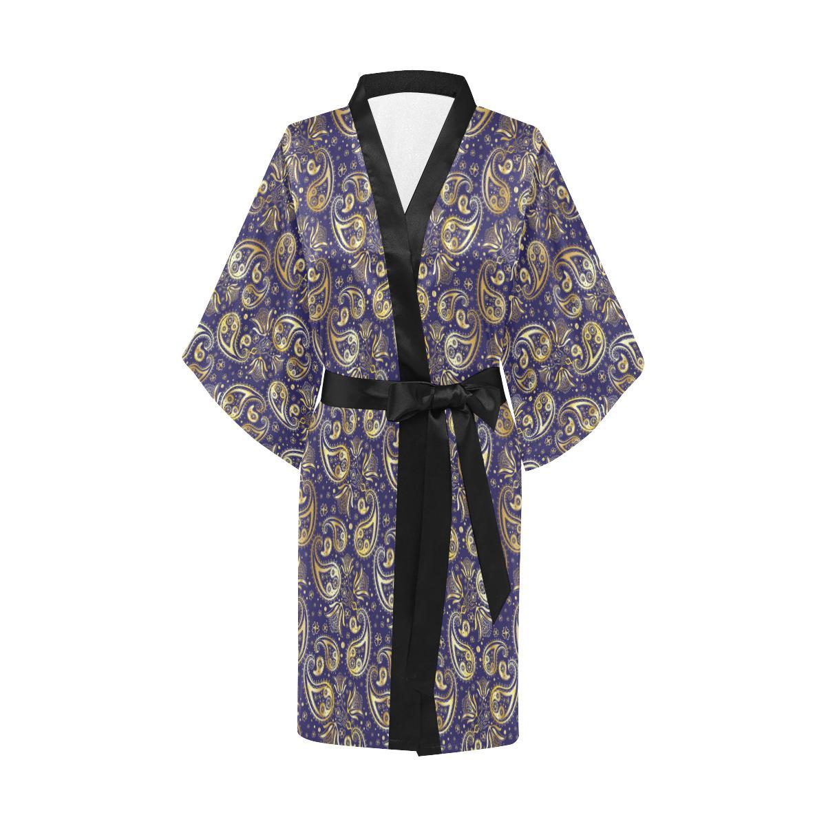 Paisley Blue Yellow Design Print Women Short Kimono Robe