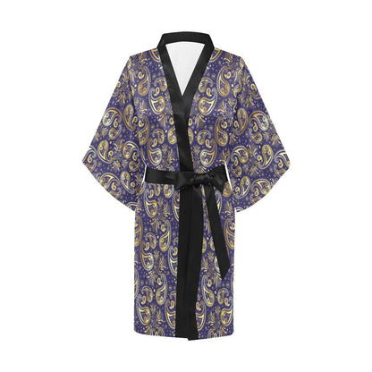 Paisley Blue Yellow Design Print Women Short Kimono Robe