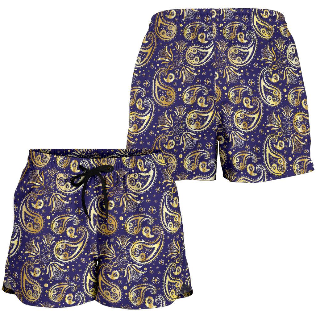 Paisley Blue Yellow Design Print Women Shorts-JTAMIGO.COM