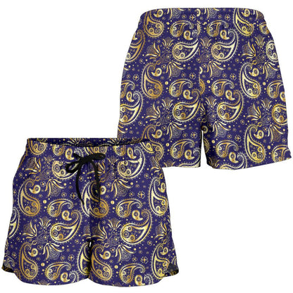 Paisley Blue Yellow Design Print Women Shorts-JTAMIGO.COM
