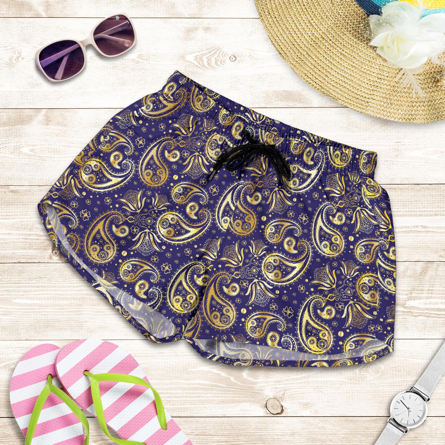 Paisley Blue Yellow Design Print Women Shorts-JTAMIGO.COM