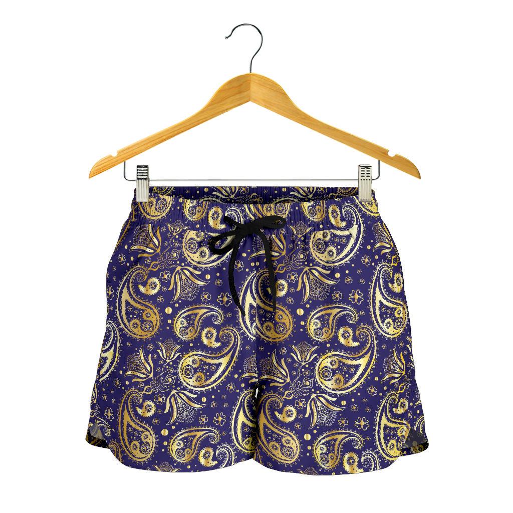 Paisley Blue Yellow Design Print Women Shorts-JTAMIGO.COM