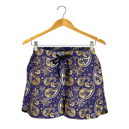 Paisley Blue Yellow Design Print Women Shorts-JTAMIGO.COM