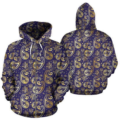 Paisley Blue Yellow Design Print Zip Up Hoodie