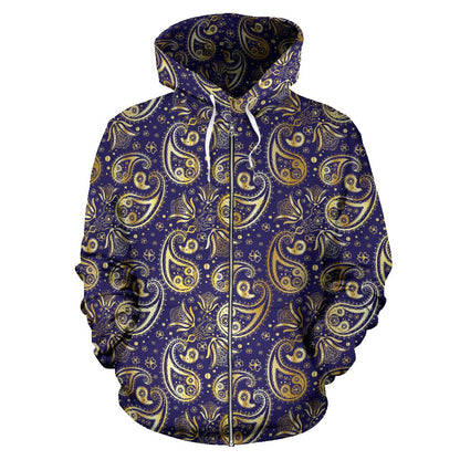 Paisley Blue Yellow Design Print Zip Up Hoodie