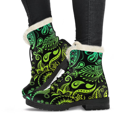 Paisley Green Design Print Faux Fur Leather Boots-JTAMIGO.COM