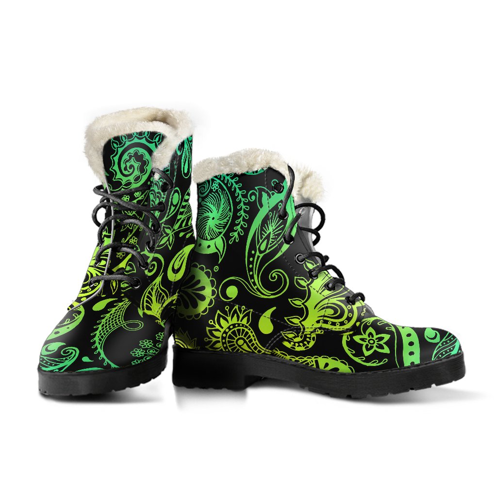 Paisley Green Design Print Faux Fur Leather Boots-JTAMIGO.COM