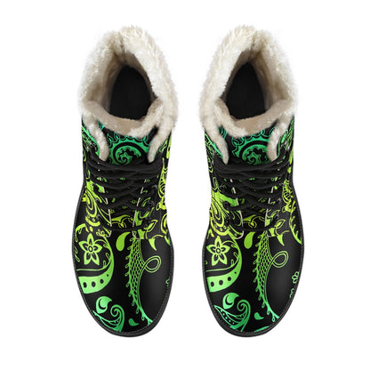 Paisley Green Design Print Faux Fur Leather Boots-JTAMIGO.COM