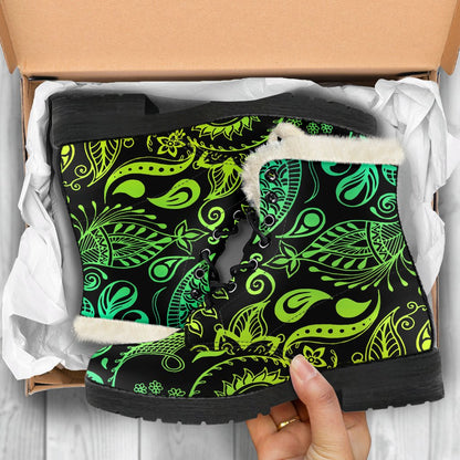 Paisley Green Design Print Faux Fur Leather Boots-JTAMIGO.COM