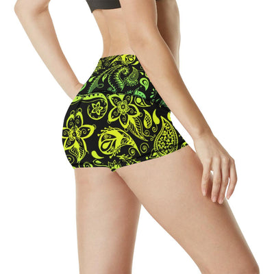 Paisley Green Design Print High Waisted Spandex Shorts-JTAMIGO.COM