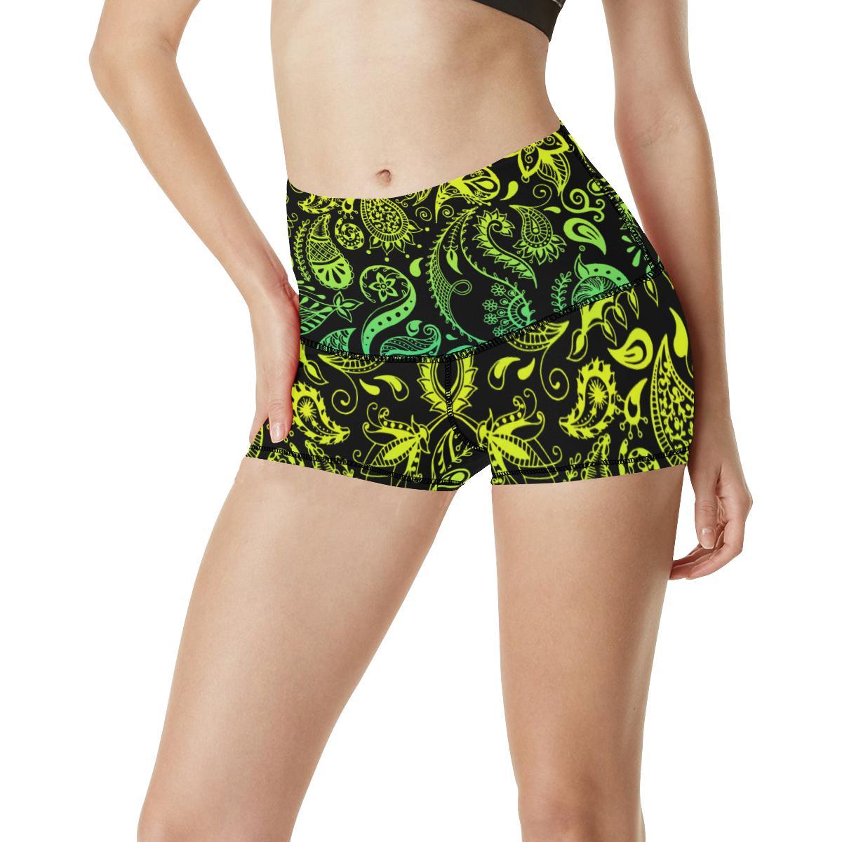 Paisley Green Design Print High Waisted Spandex Shorts-JTAMIGO.COM