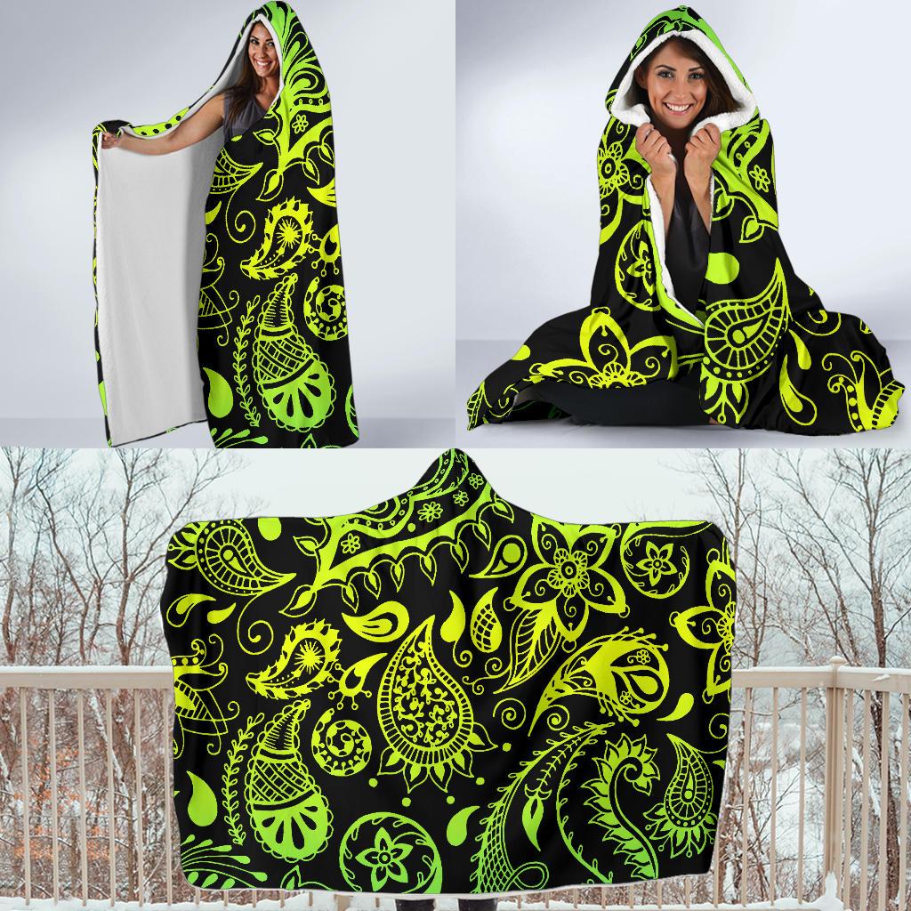 Paisley Green Design Print Hooded Blanket-JTAMIGO.COM