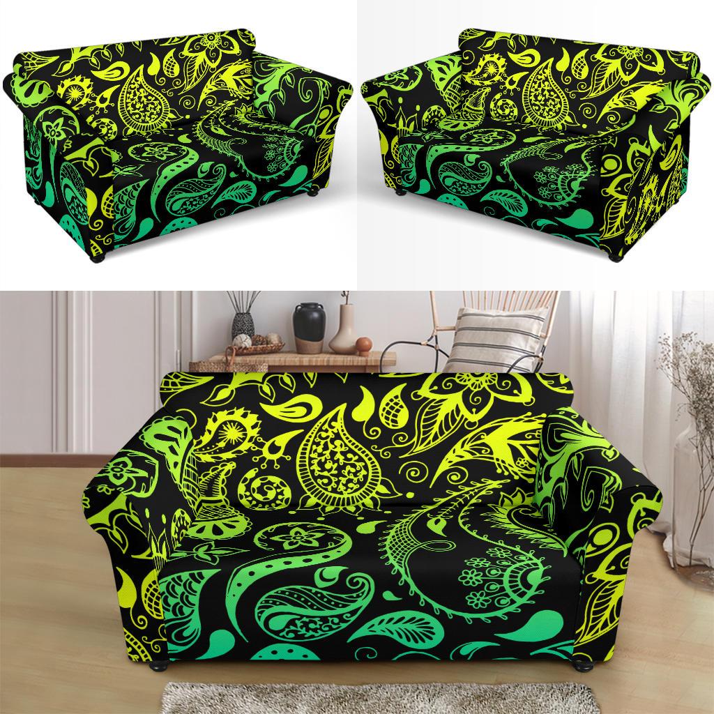 Paisley Green Design Print Loveseat Slipcover-JTAMIGO.COM