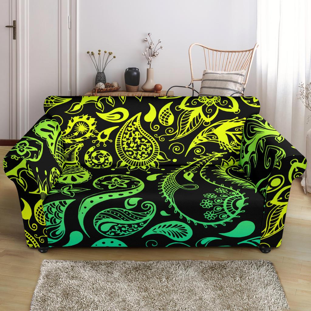 Paisley Green Design Print Loveseat Slipcover-JTAMIGO.COM