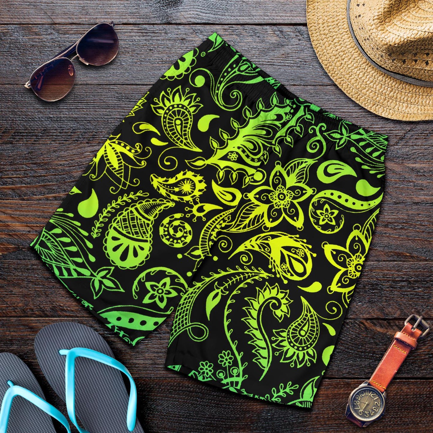 Paisley Green Design Print Mens Shorts-JTAMIGO.COM