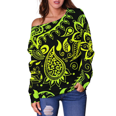 Paisley Green Design Print Off Shoulder Sweatshirt