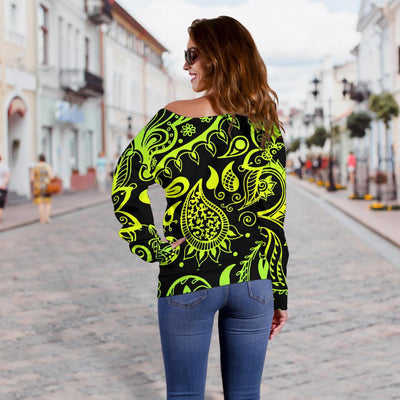 Paisley Green Design Print Off Shoulder Sweatshirt