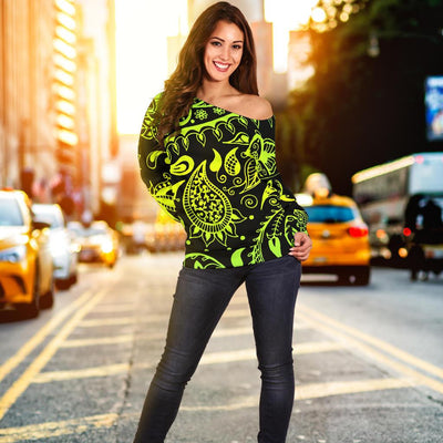 Paisley Green Design Print Off Shoulder Sweatshirt