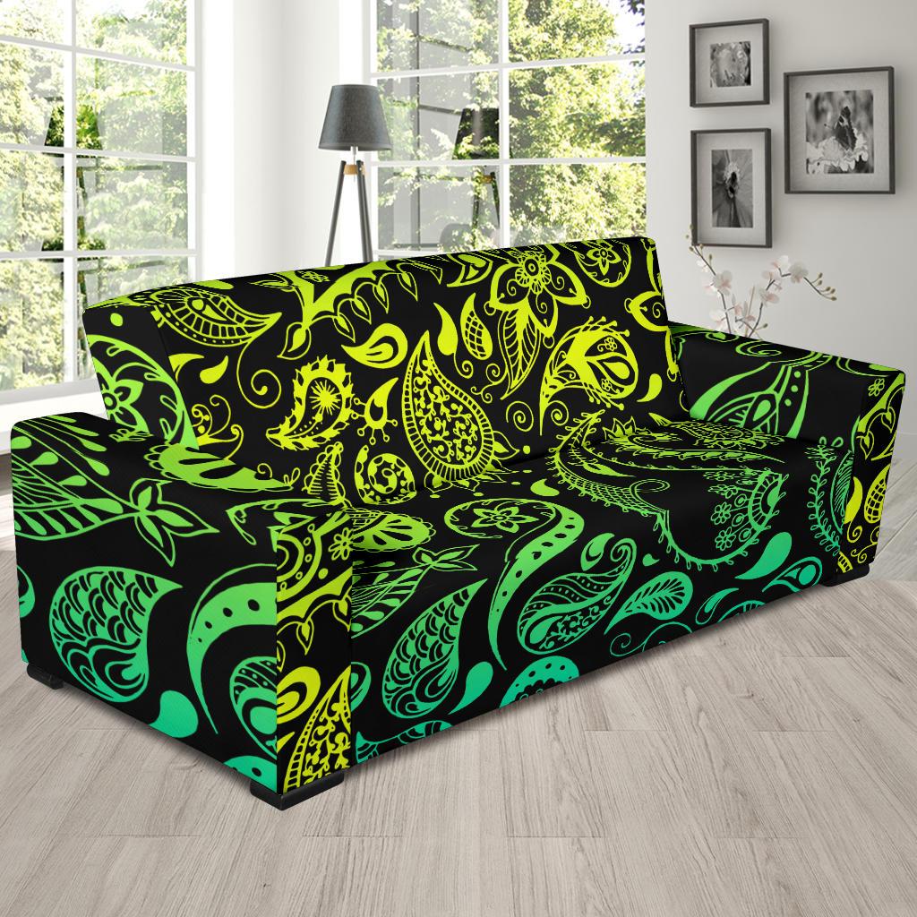 Paisley Green Design Print Sofa Slipcover-JTAMIGO.COM