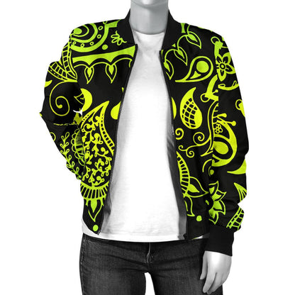 Paisley Green Design Print Women Casual Bomber Jacket