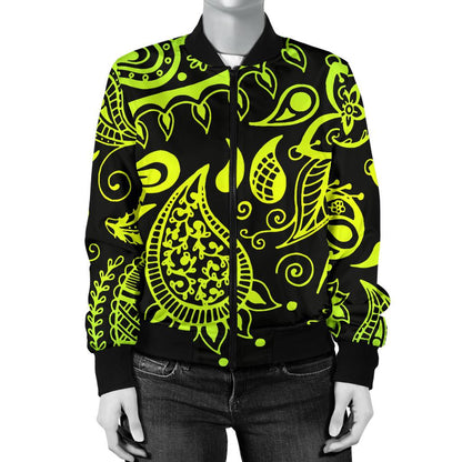 Paisley Green Design Print Women Casual Bomber Jacket