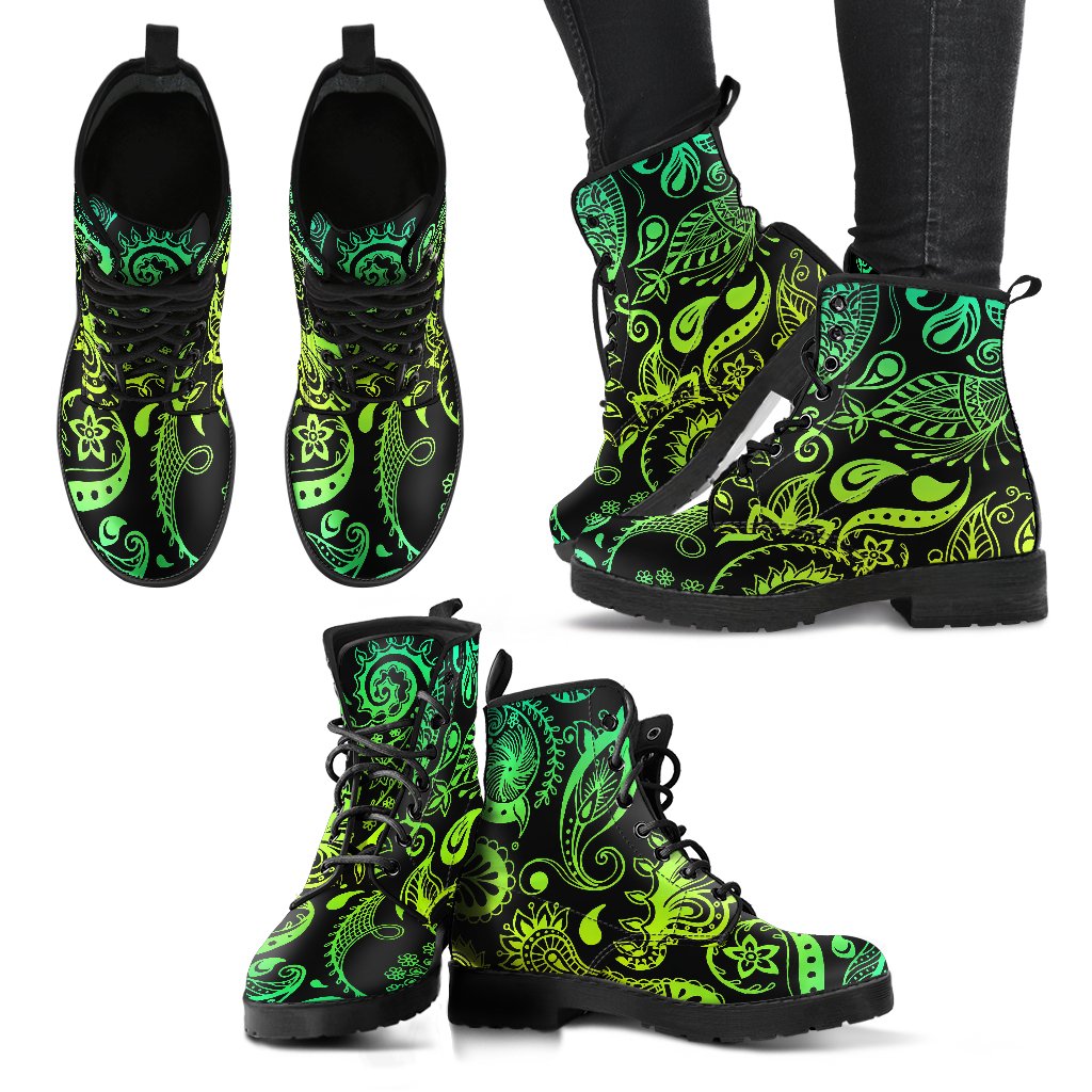 Paisley Green Design Print Women Leather Boots-JTAMIGO.COM