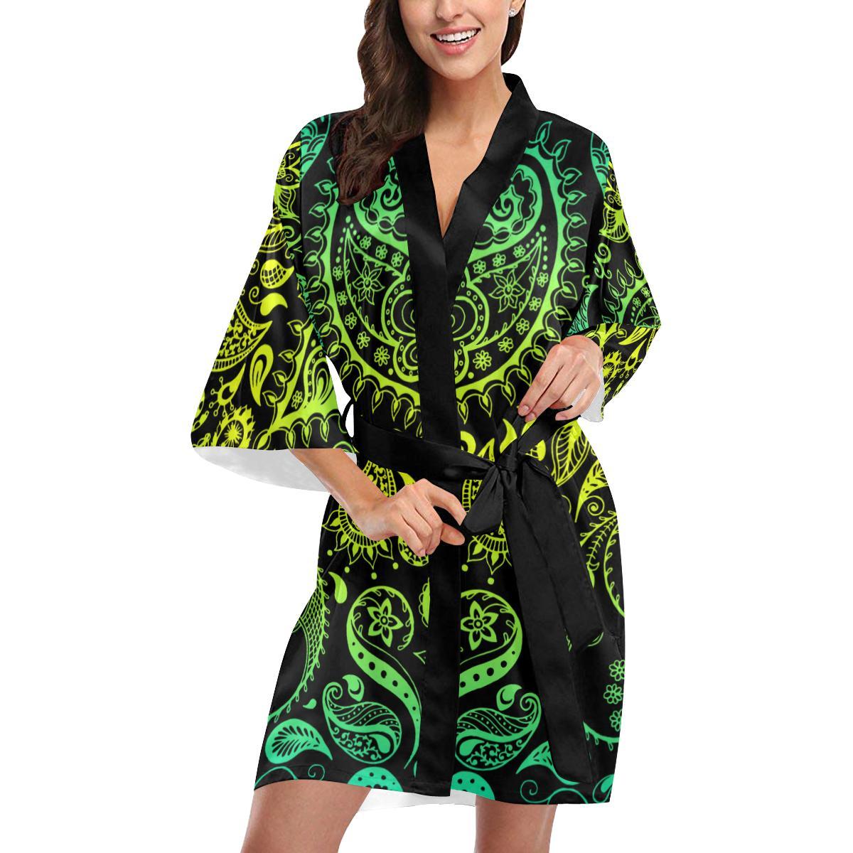 Paisley Green Design Print Women Short Kimono Robe