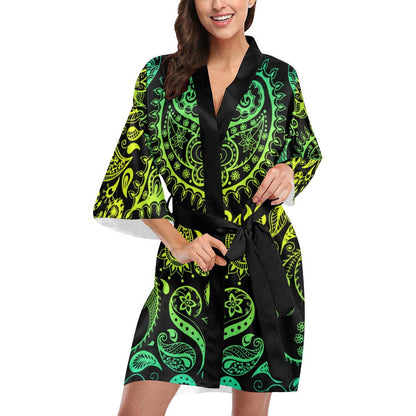 Paisley Green Design Print Women Short Kimono Robe