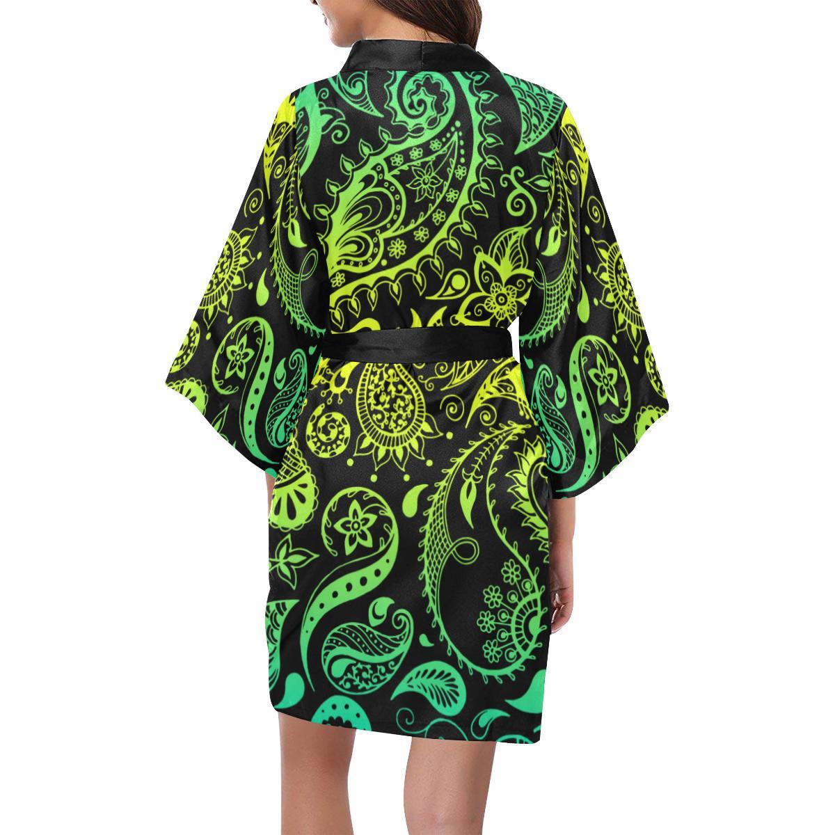 Paisley Green Design Print Women Short Kimono Robe
