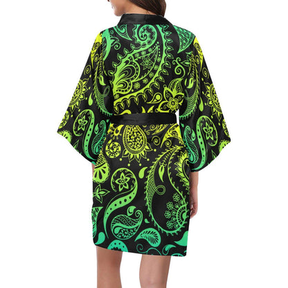 Paisley Green Design Print Women Short Kimono Robe