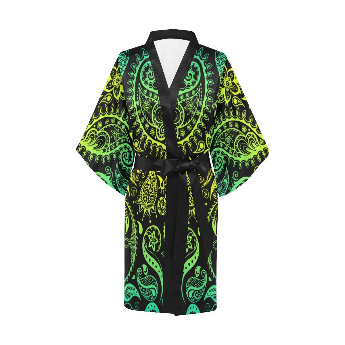 Paisley Green Design Print Women Short Kimono Robe